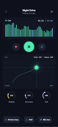 Night Drive playing on iPhone: a live spectrum, the transport, an XY pad and three dials.