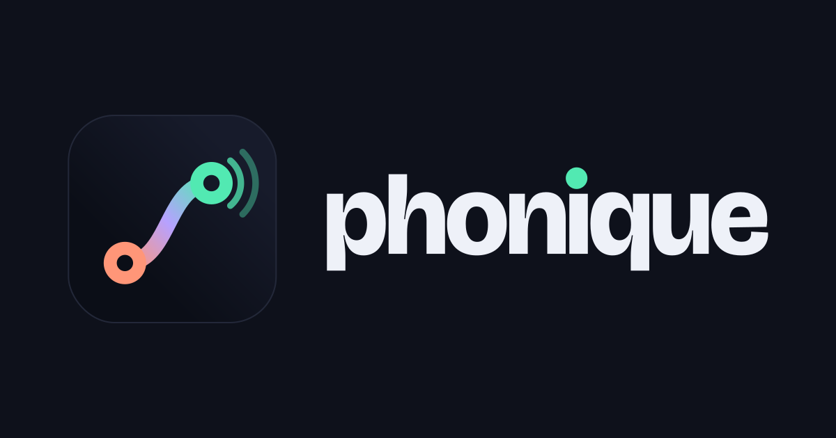 The Phonique icon, a cable running from a coral port to a mint one with sound leaving it, beside the name phonique, on a dark ground.
